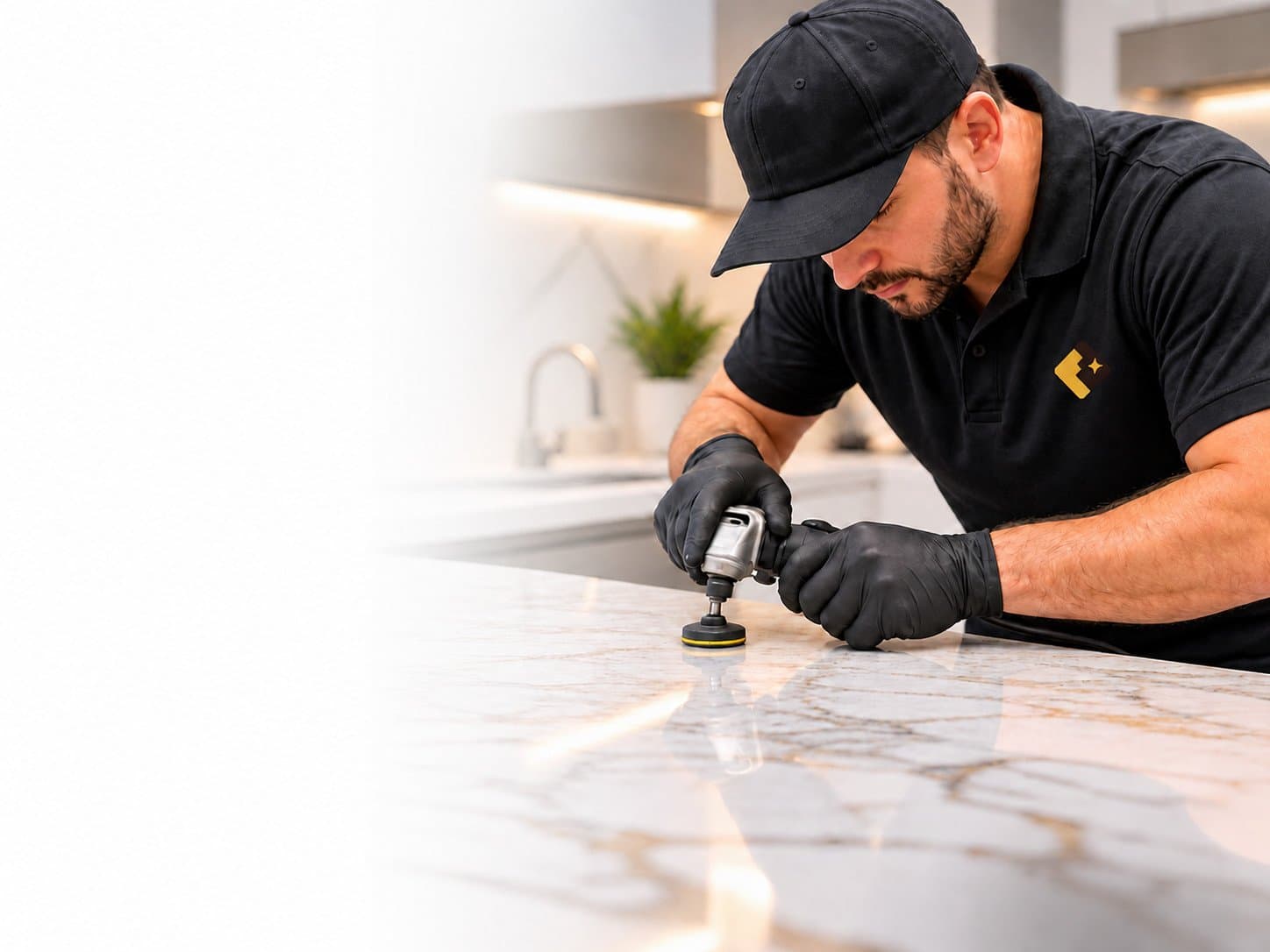 Technician polishing a marble countertop on-site