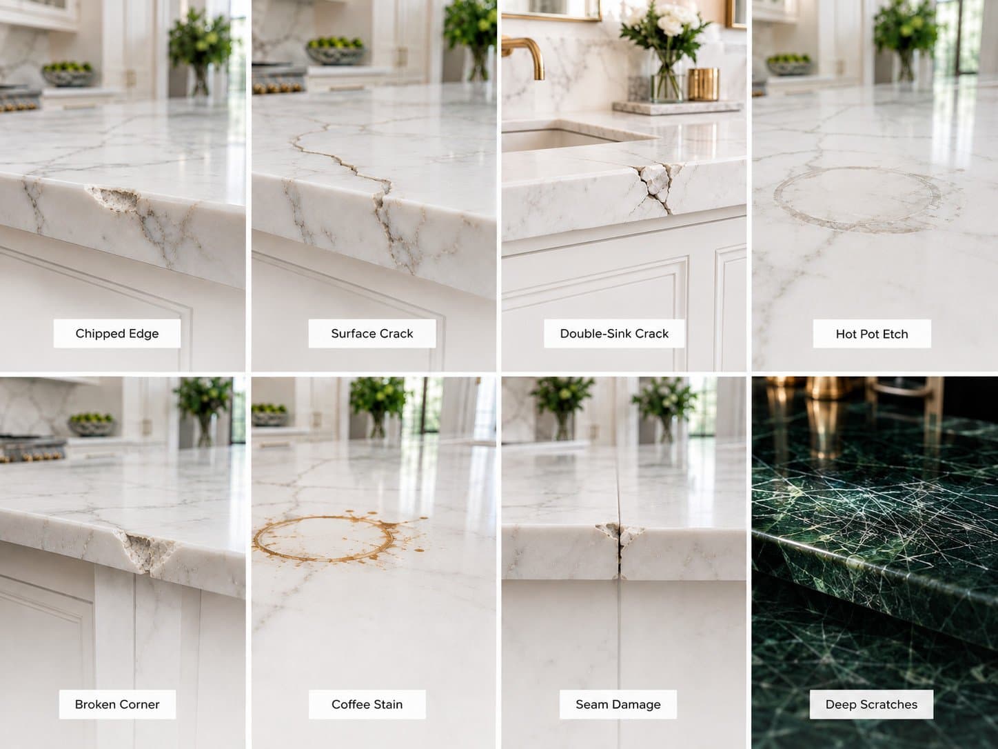 Examples of the kind of photos to send: chipped edge, crack, broken corner, seam damage, stain, etching and scratches